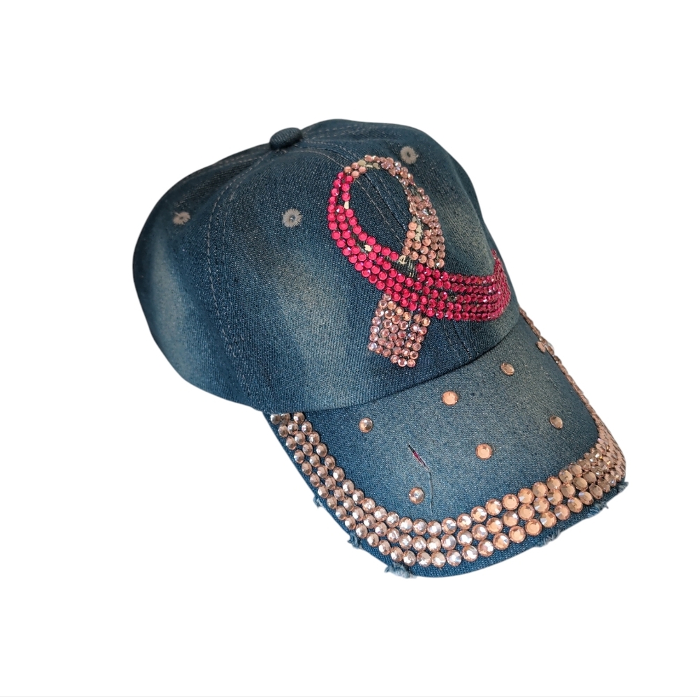 Distressed Pink Ribbon Breast Cancer Awareness Blue Denim Cap